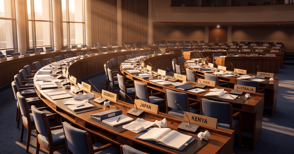 Empty conference hall with country names in the place labels