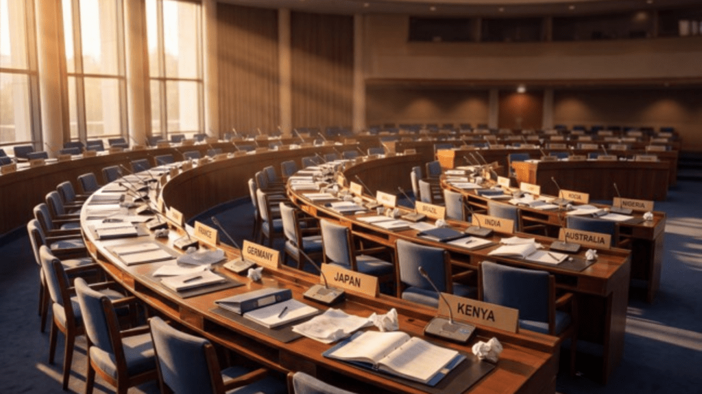 Empty conference hall with country names in the place labels