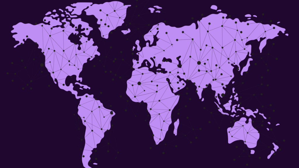 world map with network dots and lines
