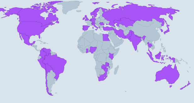 World map with various countries highlighted